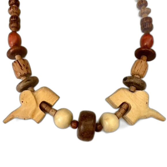 Vintage wood Elephant Beaded Statement Necklace - Picture 2 of 6